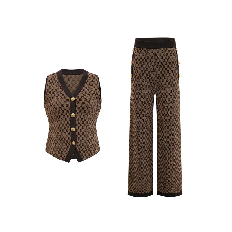 Conjunto Colete em Jacquard com Botões de Metal e Calça Pantalona
