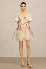 Vestido A-Line Lavanda com Estampa Floral Wisteria e Cintura Marcada