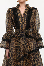 Vestido Midi com Estampa Animal Print, Decote V, Manga Ampla e Cintura Alta Assimétrica