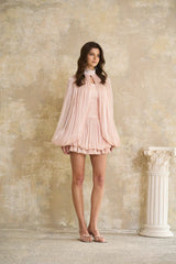 Conjunto Vestido e Capa Estruturada em Rosa Glossy
