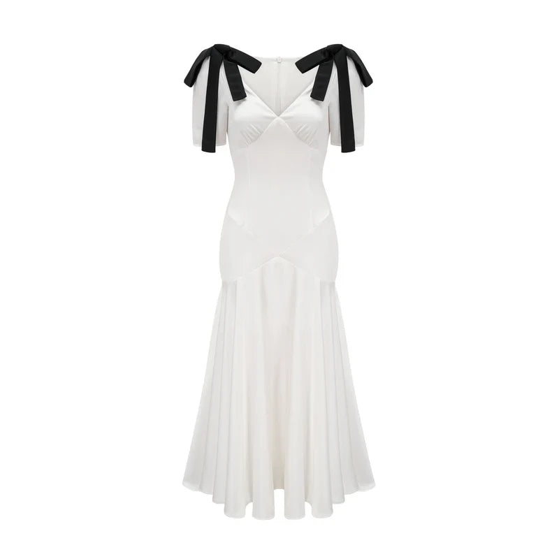 Vestido Longo Elegante  Laços e Decote em V