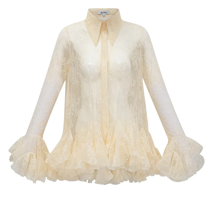 Blusa em Renda Neutra com Cintura Marcada e Detalhe Peplum