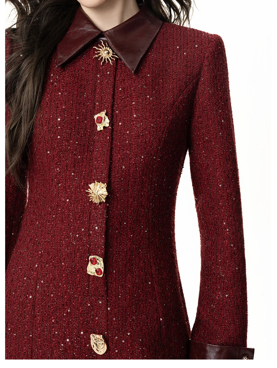 Casaco Vestido Mid-Length em Tweed Bordô com Botões Ornamentais