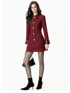 Casaco Vestido Mid-Length em Tweed Bordô com Botões Ornamentais