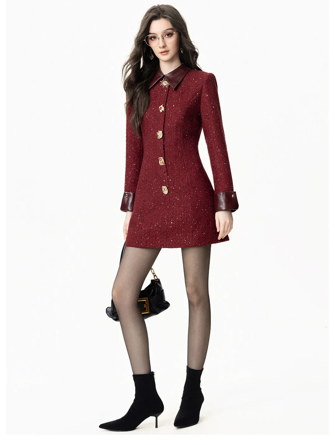 Casaco Vestido Mid-Length em Tweed Bordô com Botões Ornamentais