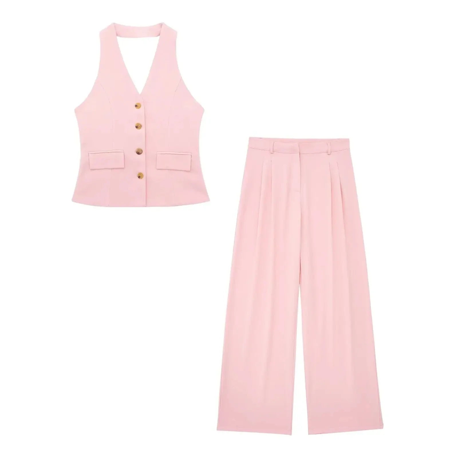 Conjunto Colete Halter Sem Mangas com Bolsos + Calça Pantalona Cintura Alta, Look Executivo Moderno