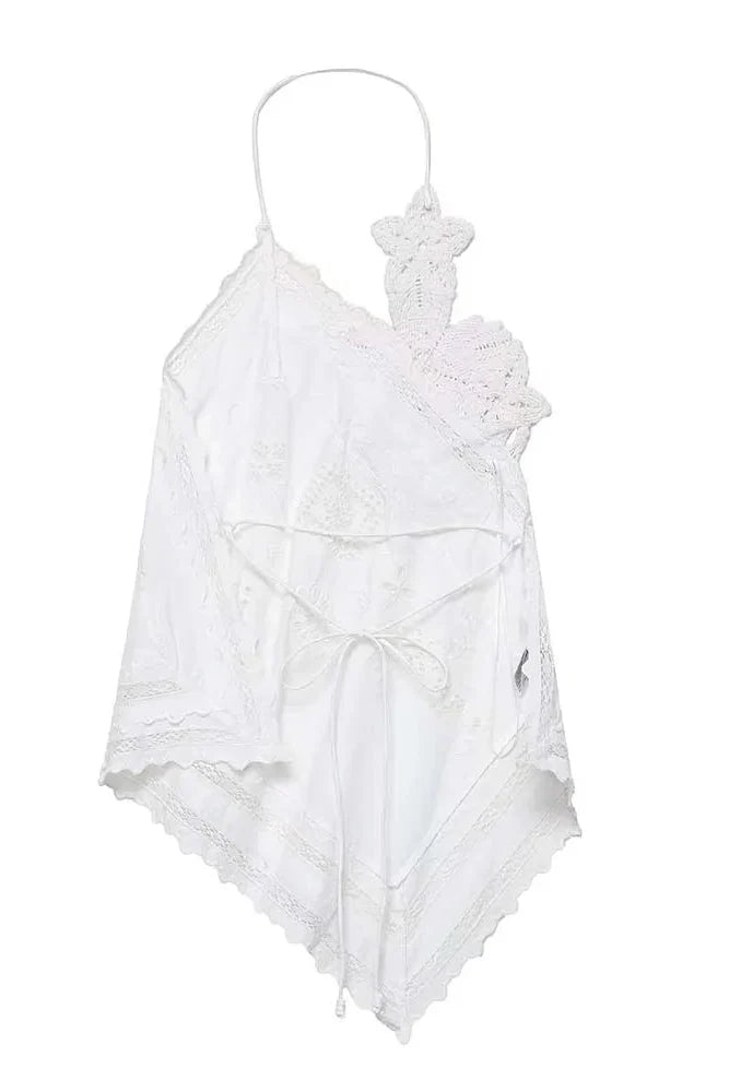 Top Elegante de Amarração com Bordado e Recorte Halter