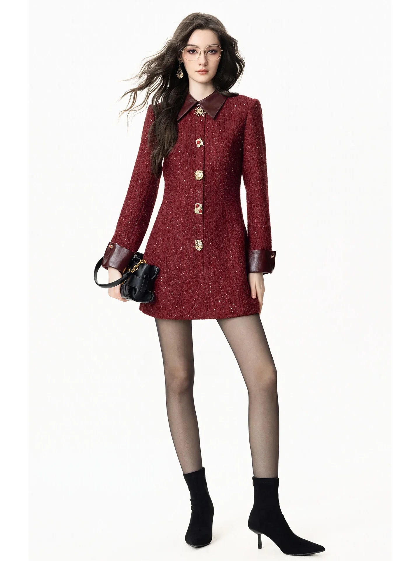 Casaco Vestido Mid-Length em Tweed Bordô com Botões Ornamentais