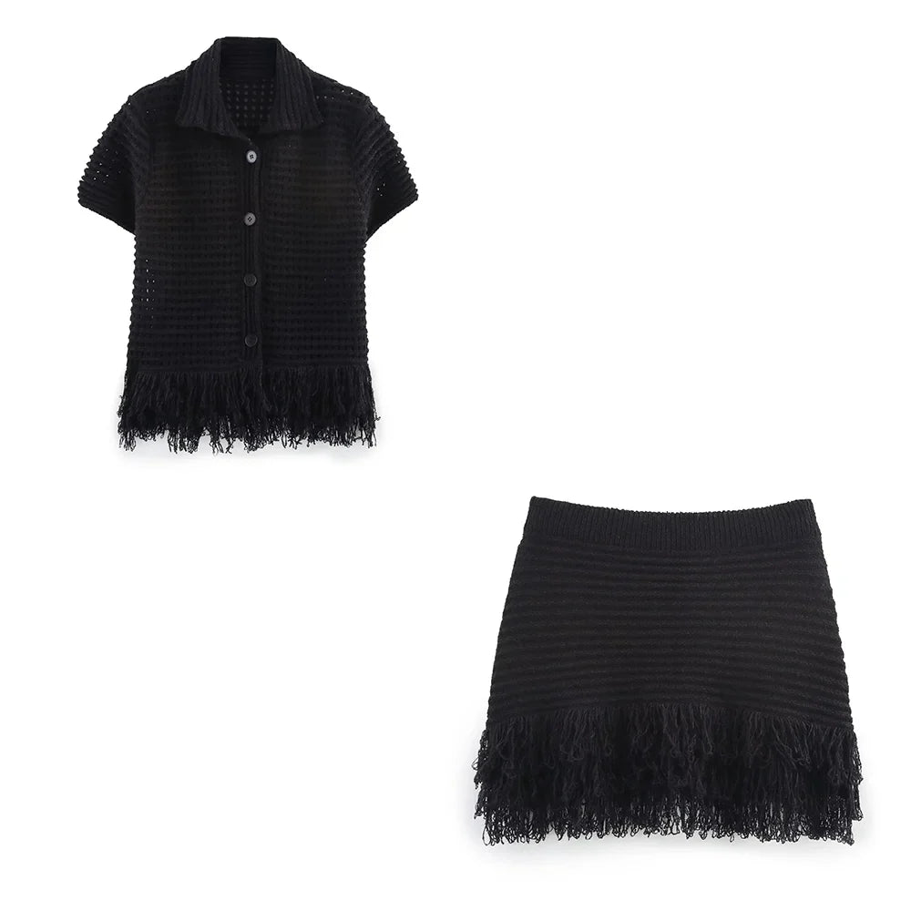 Conjunto em Tricô Vazado – Saia Mini + Camisa