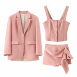 Conjunto Feminino 3 Peças: Blazer, Colete Corset e Short Saia de Cintura Alta