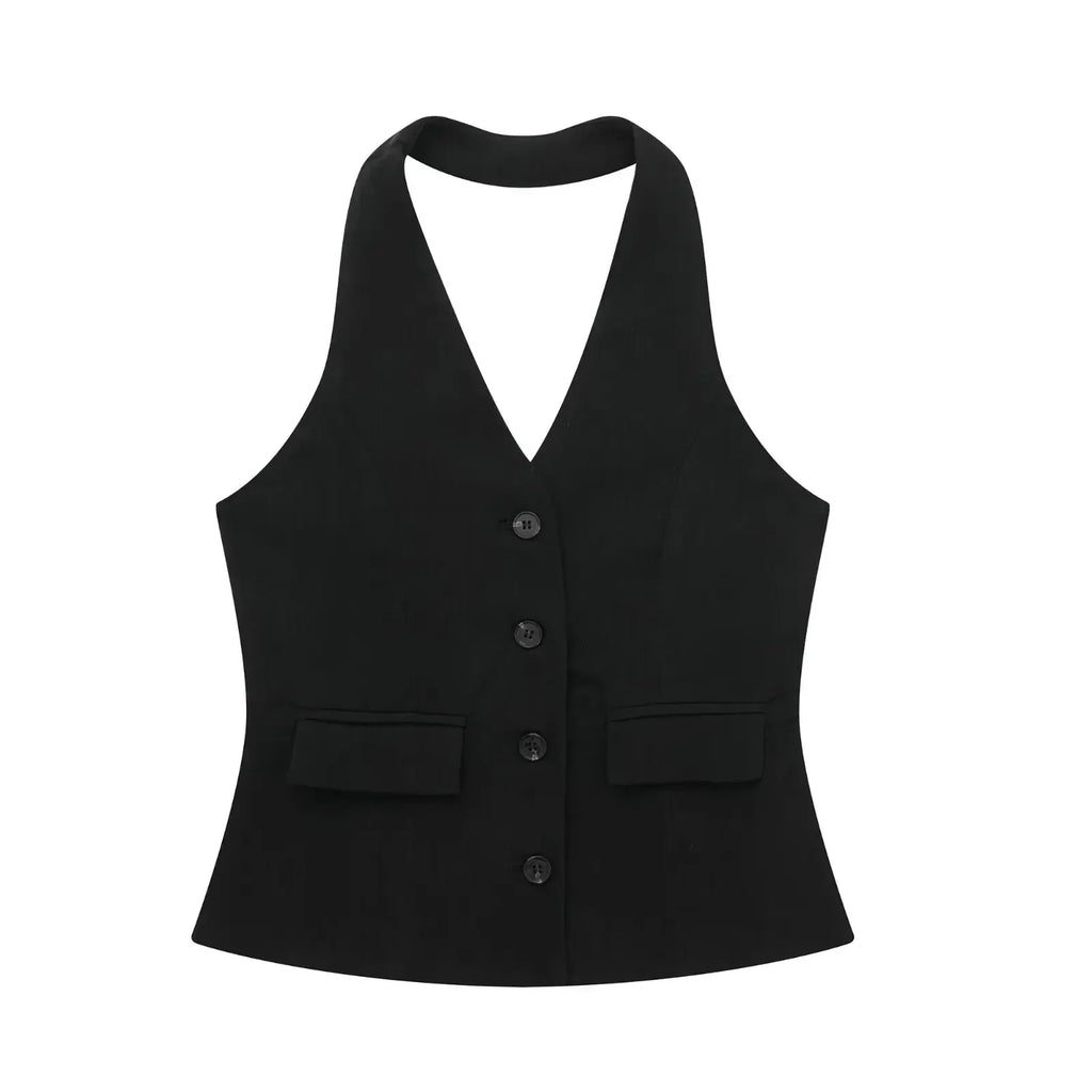Conjunto Colete Halter Sem Mangas com Bolsos + Calça Pantalona Cintura Alta, Look Executivo Moderno