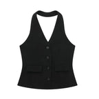 Conjunto Colete Halter Sem Mangas com Bolsos + Calça Pantalona Cintura Alta, Look Executivo Moderno