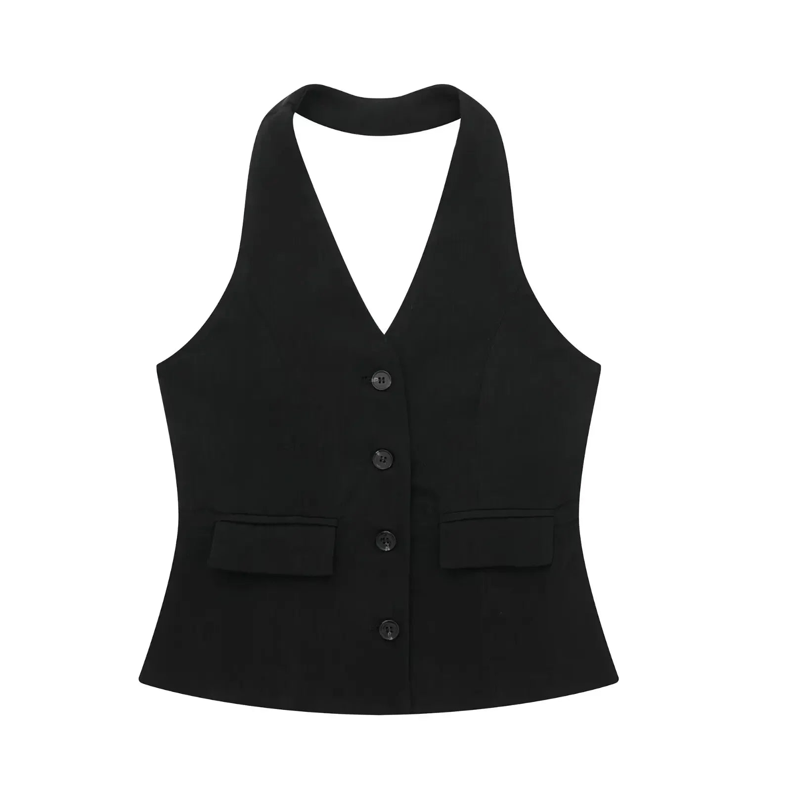 Conjunto Colete Halter Sem Mangas com Bolsos + Calça Pantalona Cintura Alta, Look Executivo Moderno