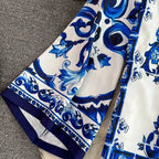 Conjunto Fashion Primavera - Camisa e Shorts com Estampa de Porcelana Azul e Branca