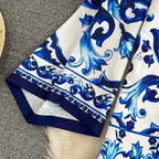 Conjunto Fashion Primavera - Camisa e Shorts com Estampa de Porcelana Azul e Branca