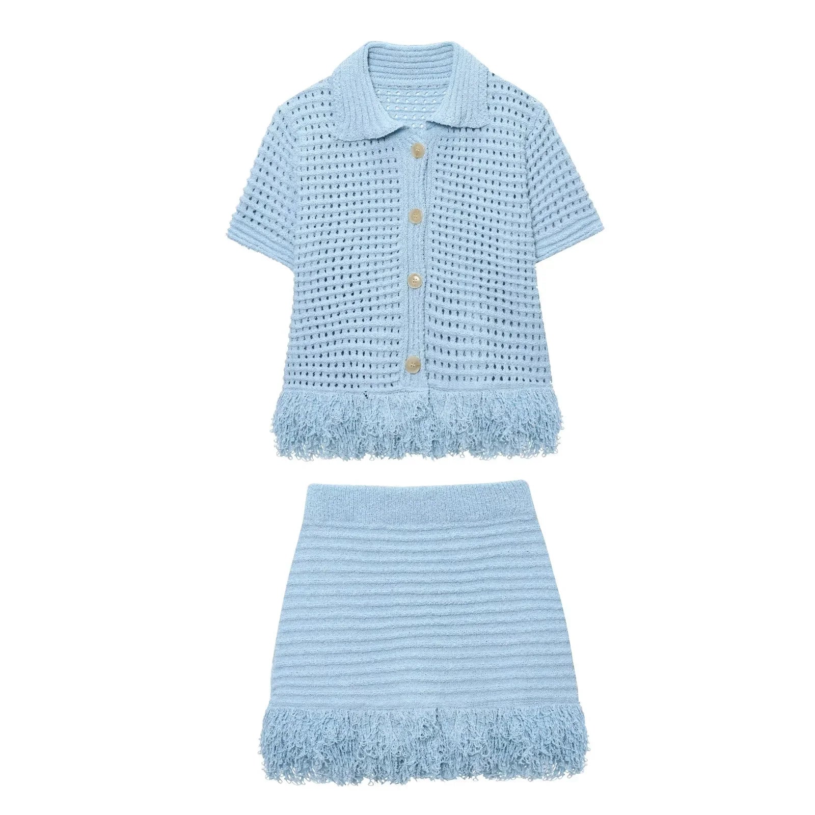 Conjunto em Tricô Vazado – Saia Mini + Camisa