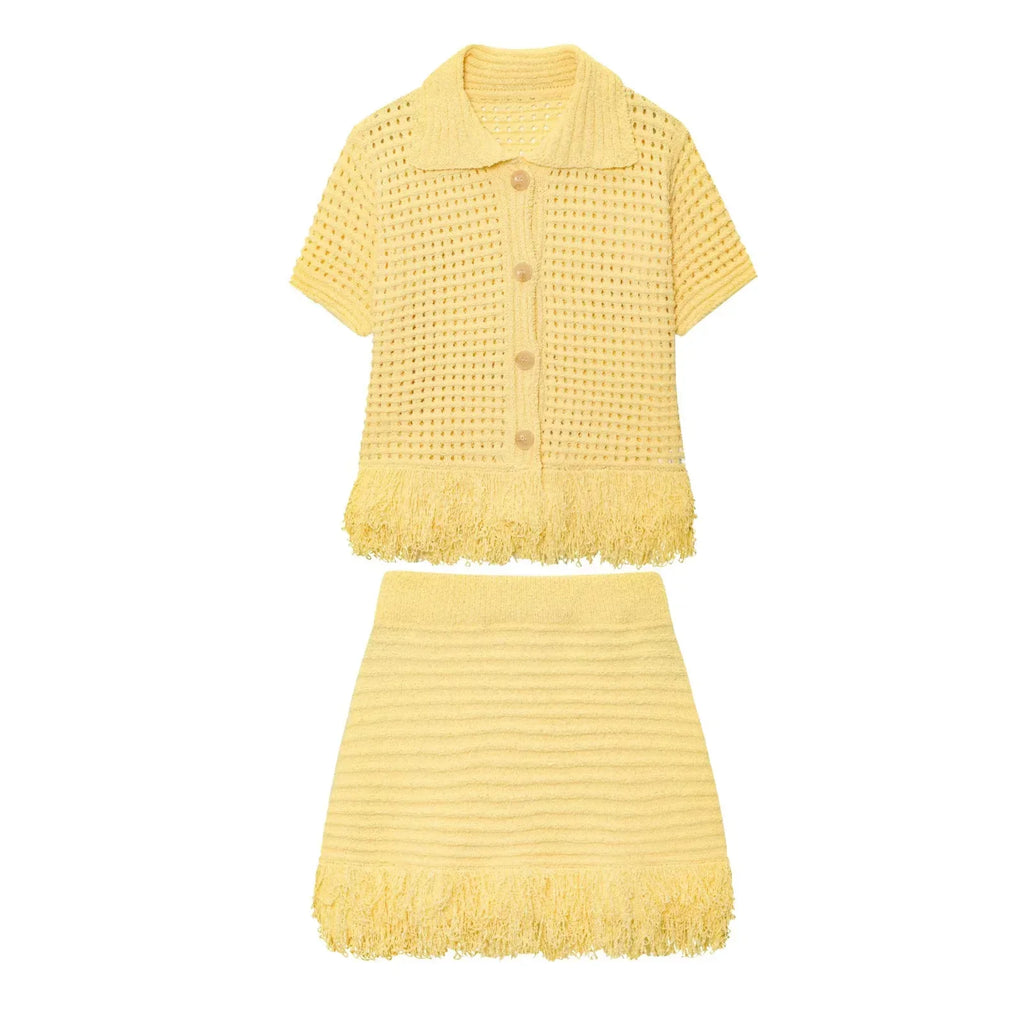 Conjunto em Tricô Vazado – Saia Mini + Camisa