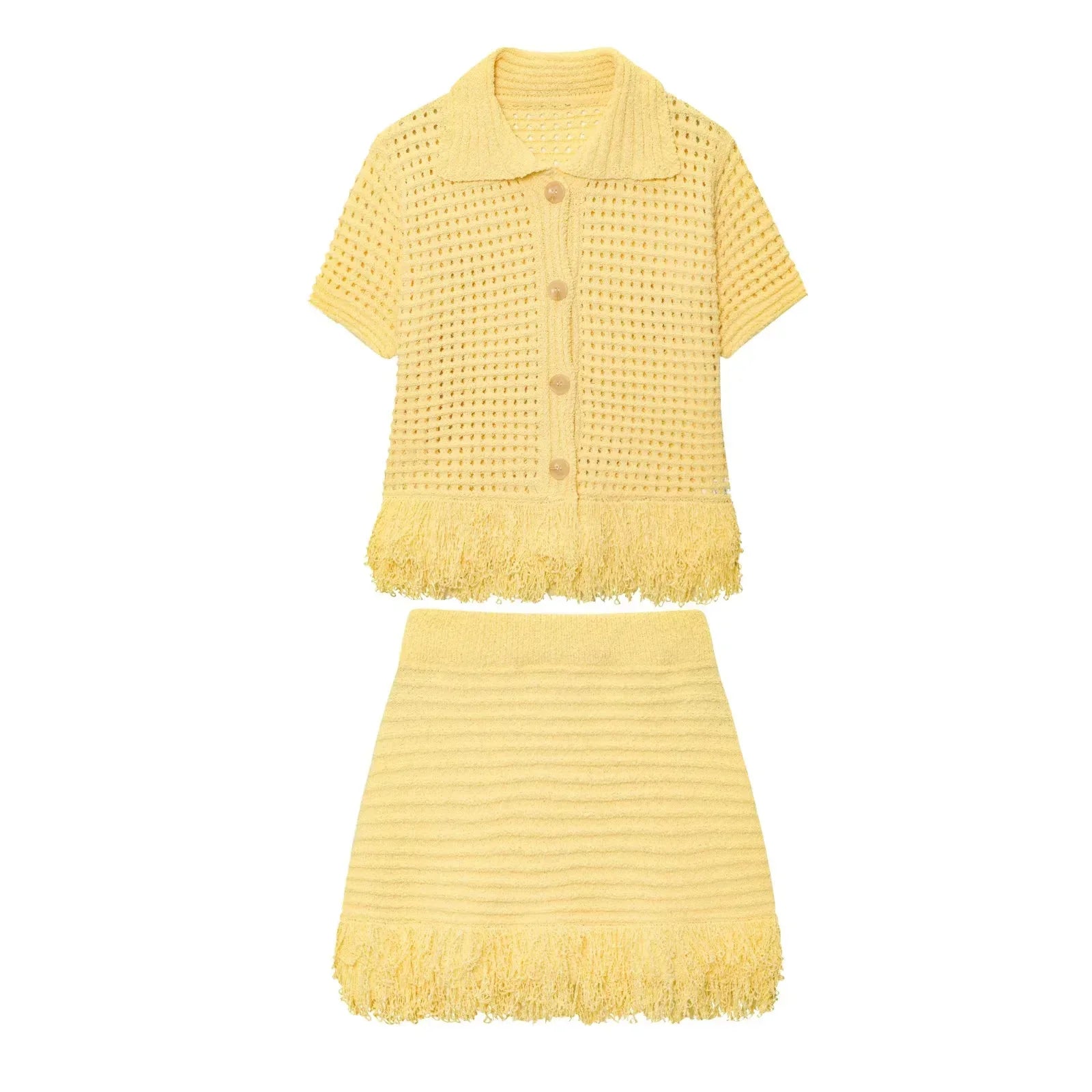 Conjunto em Tricô Vazado – Saia Mini + Camisa