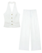 Conjunto Colete Halter Sem Mangas com Bolsos + Calça Pantalona Cintura Alta, Look Executivo Moderno