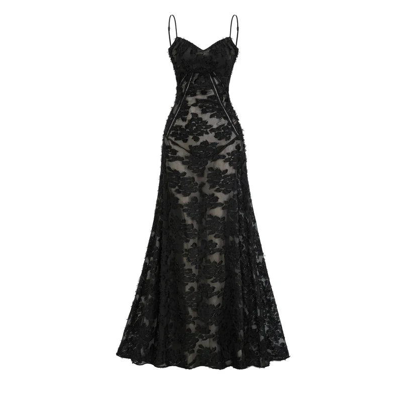 Vestido Longo Renda Floral Exclusiva e Caimento Fluido de Luxo