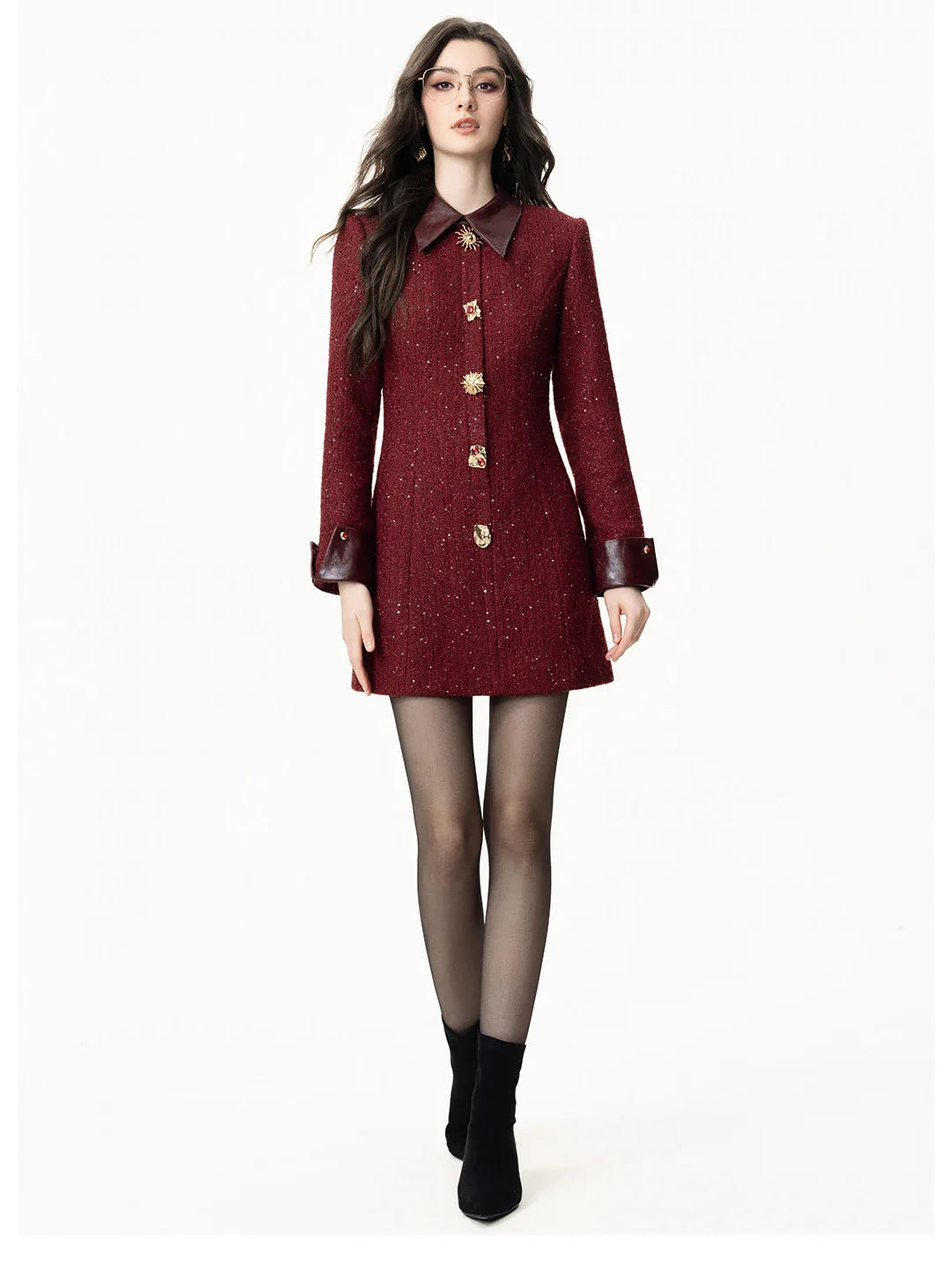 Casaco Vestido Mid-Length em Tweed Bordô com Botões Ornamentais