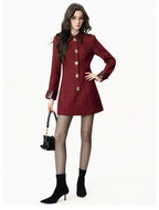 Casaco Vestido Mid-Length em Tweed Bordô com Botões Ornamentais
