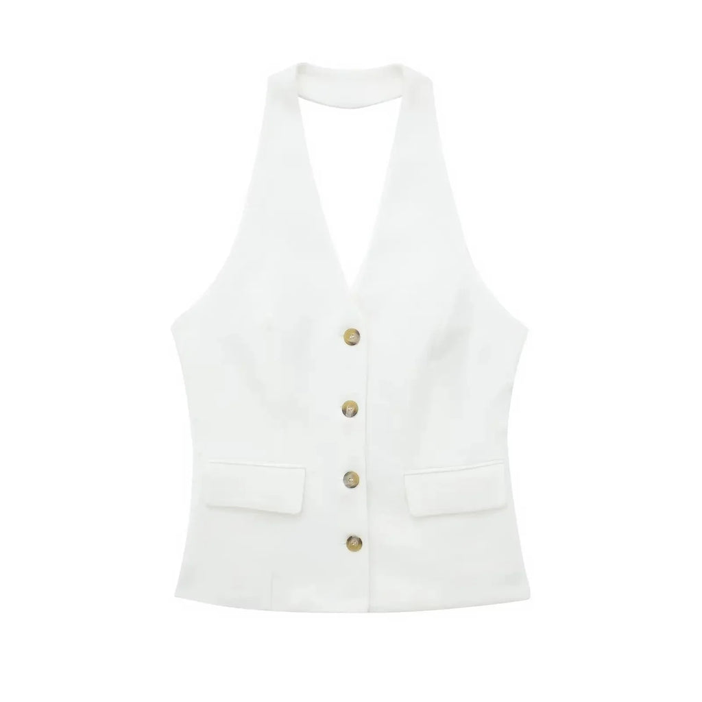 Conjunto Colete Halter Sem Mangas com Bolsos + Calça Pantalona Cintura Alta, Look Executivo Moderno