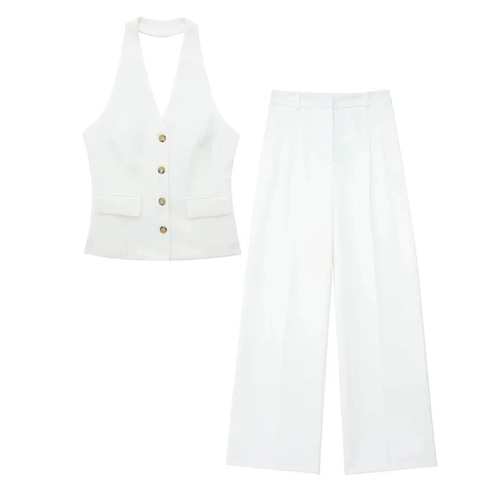 Conjunto Colete Halter Sem Mangas com Bolsos + Calça Pantalona Cintura Alta, Look Executivo Moderno