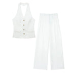 Conjunto Colete Halter Sem Mangas com Bolsos + Calça Pantalona Cintura Alta, Look Executivo Moderno