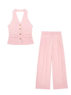 Conjunto Colete Halter Sem Mangas com Bolsos + Calça Pantalona Cintura Alta, Look Executivo Moderno