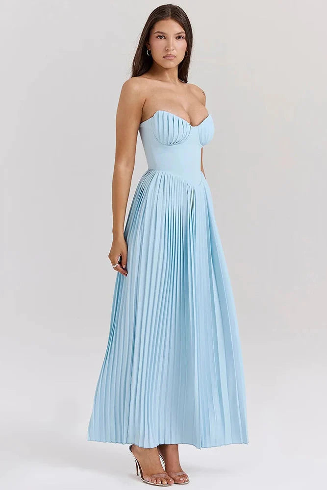 Vestido Longo Design de Espartilho, Saia Plissada e Luxo Moderno