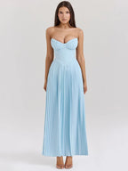 Vestido Longo Design de Espartilho, Saia Plissada e Luxo Moderno