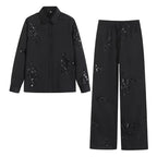 Conjunto de Camisa Bordada à Mão com Paetês e Calça de Cetim – Sofisticação em Cada Detalhe