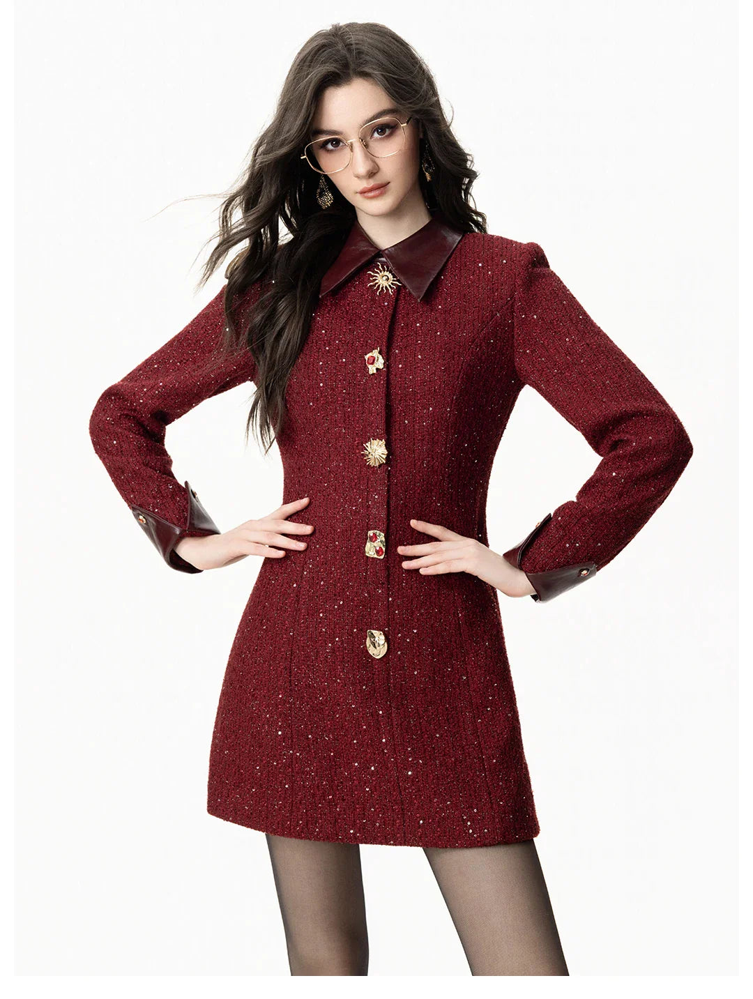 Casaco Vestido Mid-Length em Tweed Bordô com Botões Ornamentais