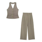 Conjunto Colete Halter Sem Mangas com Bolsos + Calça Pantalona Cintura Alta, Look Executivo Moderno