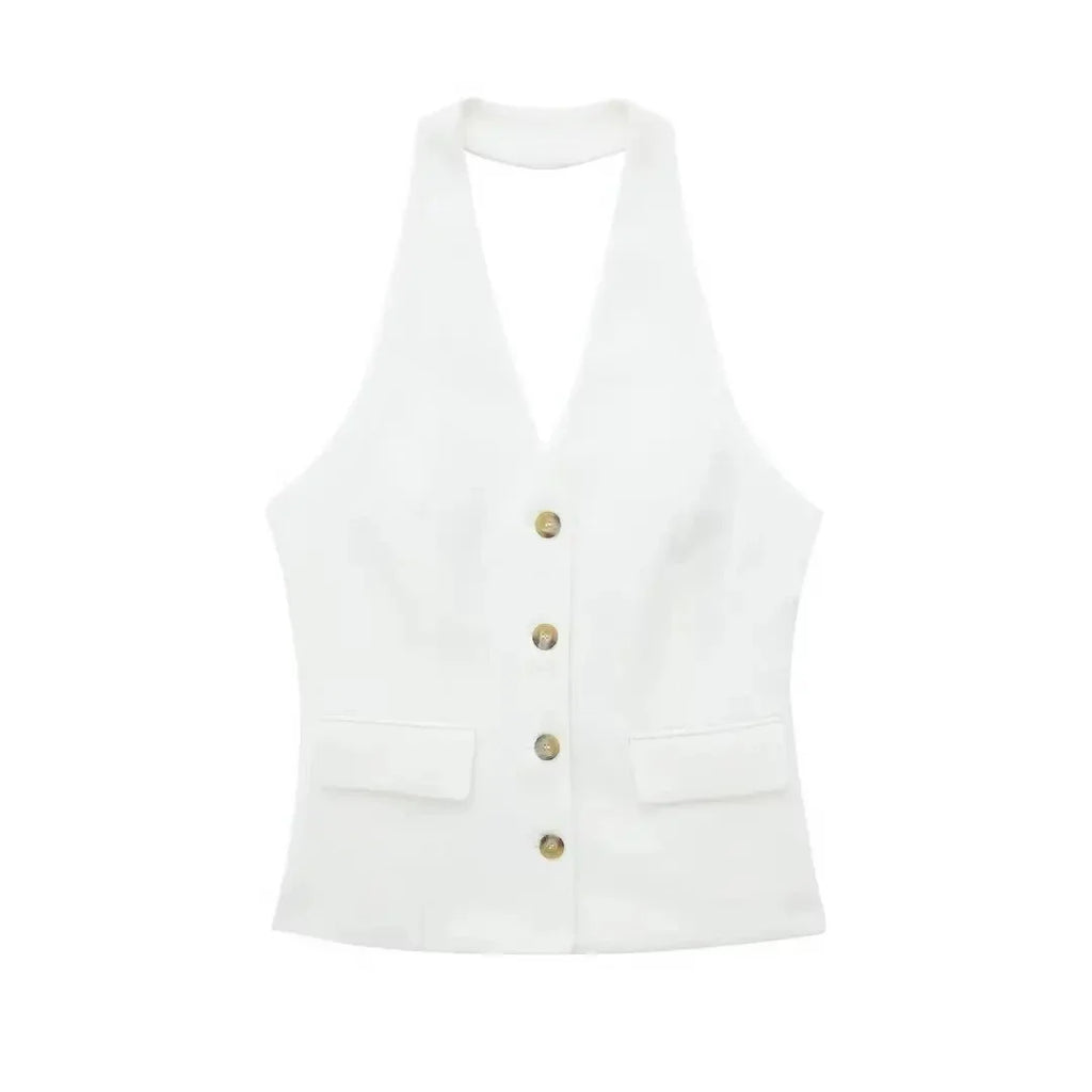 Conjunto Colete Halter Sem Mangas com Bolsos + Calça Pantalona Cintura Alta, Look Executivo Moderno