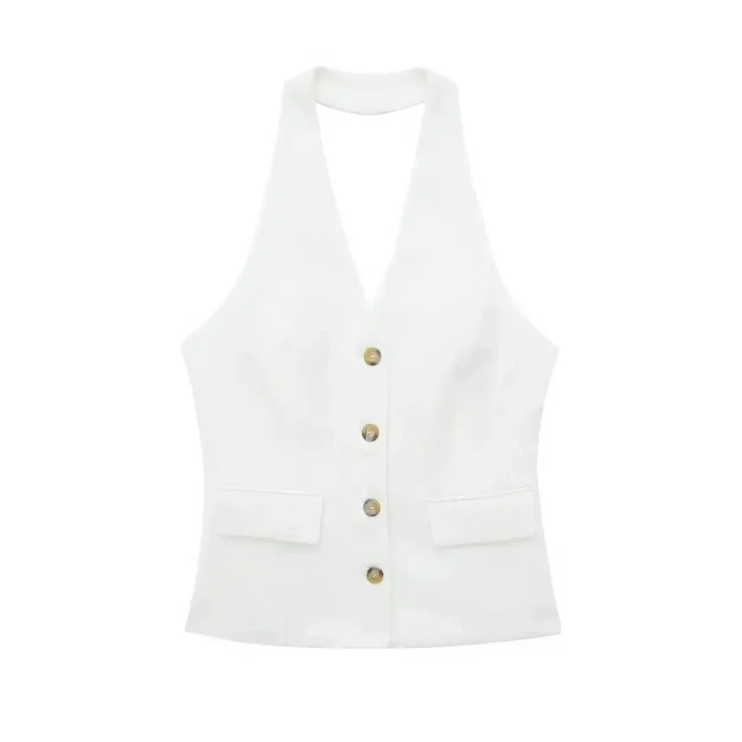 Conjunto Colete Halter Sem Mangas com Bolsos + Calça Pantalona Cintura Alta, Look Executivo Moderno