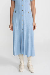 Vestido Azul Serenity em Tricô Vazado com Acabamento em Babados