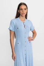 Vestido Azul Serenity em Tricô Vazado com Acabamento em Babados